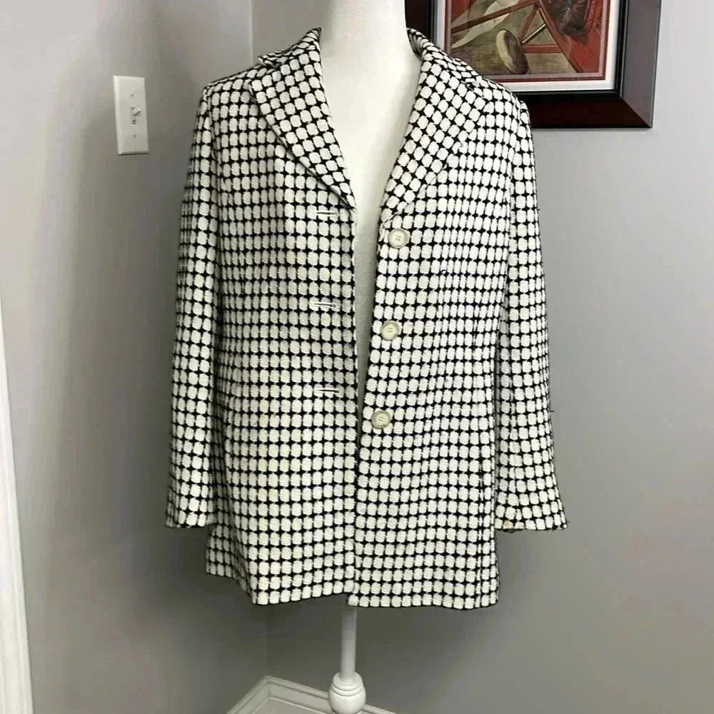ANN TAYLOR Petite One Button Tweed Jacket/Blazer Black White Cotton Lined Medium
